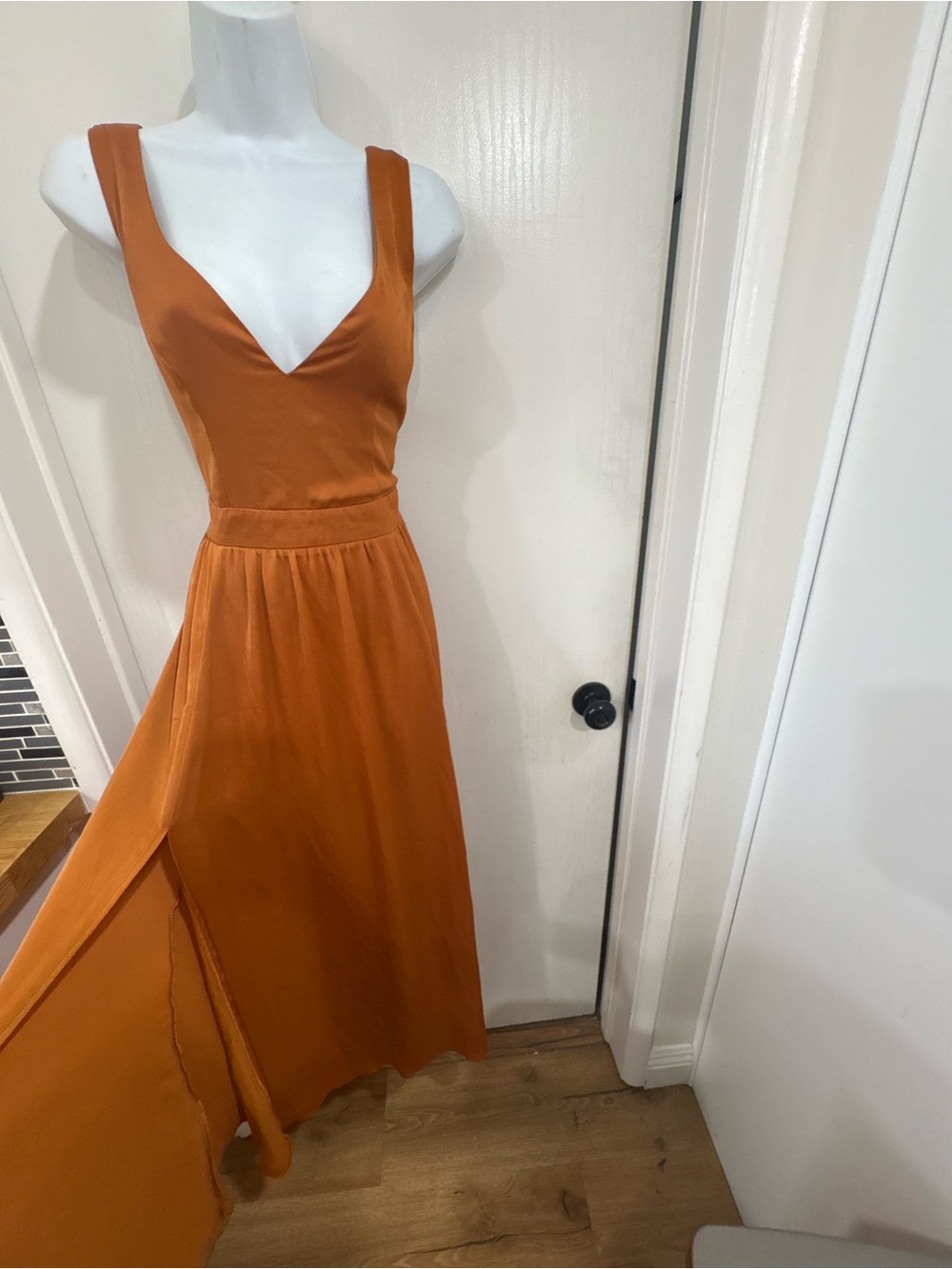 Simple bohemian elegant double splits Sleeveless Deep V Maxi Dress in Rust